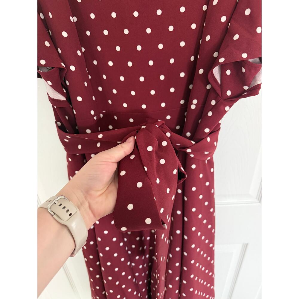 Lane Bryant Lena V-Neck Level-Hem Midi Dress Burgundy Tie Waist Pockets - Picture 5 of 8
